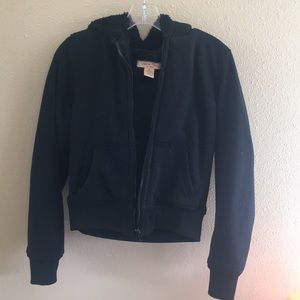 Black hooded zip up sweater with faux fur inside